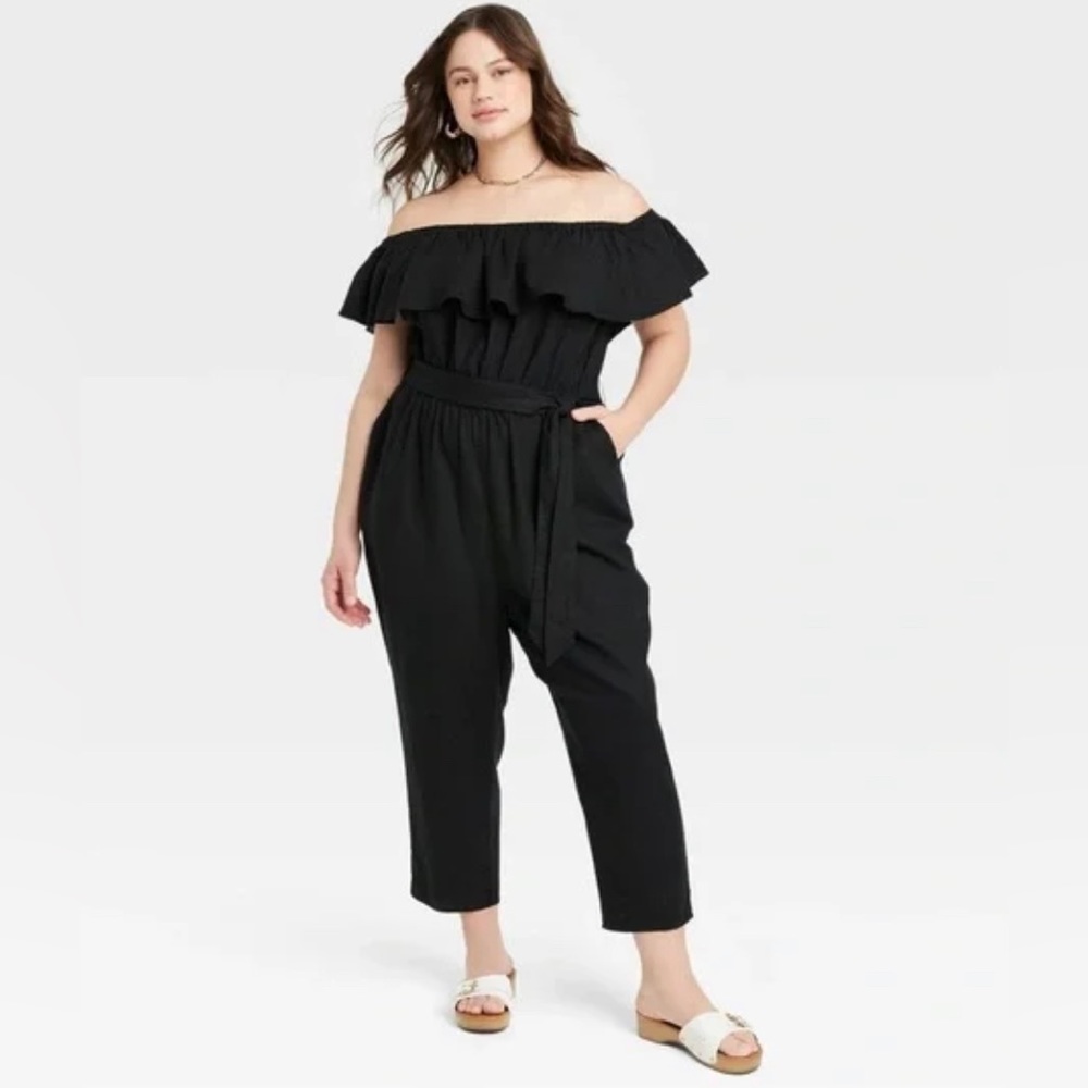 Ava & Viv Black On/Off Ruffled Shoulder Sleeveless Linen Mix Romper Belted 2X